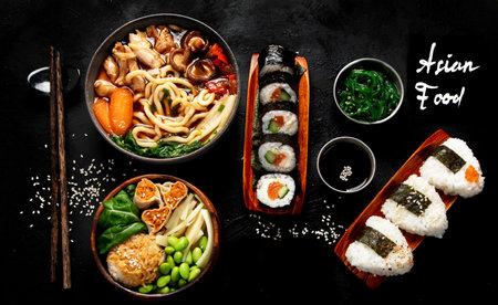 Assorted gourmet Japanese dishes. Set of sushi, rolls, soup and rice on a black background. Top view.の写真素材