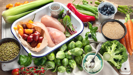 Balanced diet. Healthy eating, clean and detox concept with fresh fruits, vegetables, superfood and chicken meat. Top view. Panorama.の写真素材
