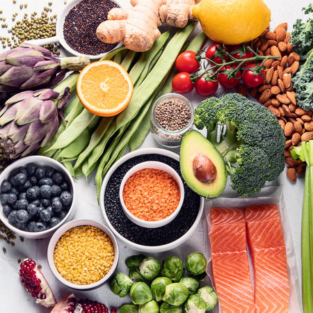 Selection of healthy food. Clean eating concept. Cooking ingredients with fish, superfood, vegetables, artichokes, Brussels sprouts, fruits, legumes and blueberries. Top view.の写真素材