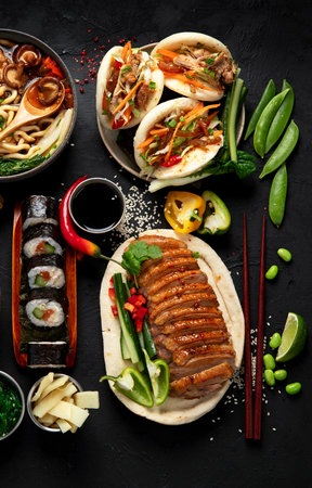 Asian food served on a black background. Asian food concept. Top view. Copy space.の写真素材
