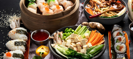 Asian food served on a black background. Asian food concept. Top view. Panorama with copy space.の写真素材