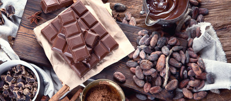 Cacao beans, powder, cacao butter, chocolate bar and chocolate sauce on a wooden background. Top view. Panorama.の写真素材