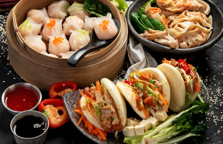 Chinese dumplings, soy sauce, dim sum on a dark background. Traditional Asian food concept. Top viewの写真素材