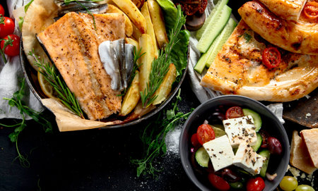Assortment of various Mediterranean food - fish, seafood, sauces, pasta, snacks, pizza on a black background. Top view. Copy space.の写真素材