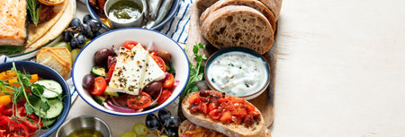 Greek food background. Fsh, pita, Greek salad, tzatziki, feta, olives. Traditional different Greek dishes set on a light background. Top view. Panorama with copy space.の写真素材