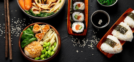 Assorted gourmet Japanese dishes. Set of sushi, rolls, soup and rice on a black background. Top view.の写真素材
