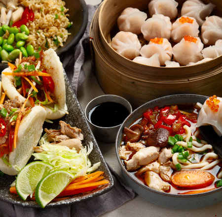 Set of Chinese dishes on dark background: sweet duck, soup, steamed buns, dim sum in bamboo steamer, salad, rice, dips. Asian style banquet, top view. Copy space.の写真素材