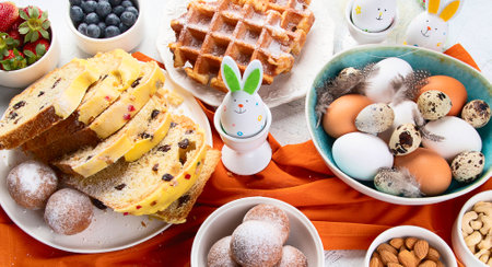 Festive Easter table setting. Happy Easter. Stylish Easter eggs in plate. Top view.の写真素材