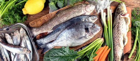 Fresh fish and ingredients for cooking on a wooden background. Top view. Panorama.の写真素材