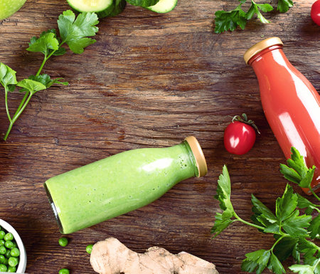 Fresh organic fruits, vegetable smoothies and juices on a wooden background. Detox diet. Top viewの写真素材