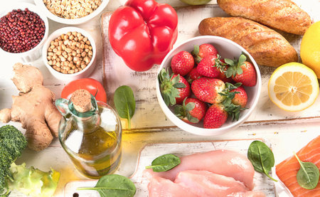 Healthy food concept. Balanced diet eating. Natural food. Top view.の写真素材