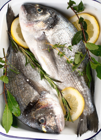 Raw dorado fish or Sea breath in a plate. Healthy diet eating. Top view.の写真素材