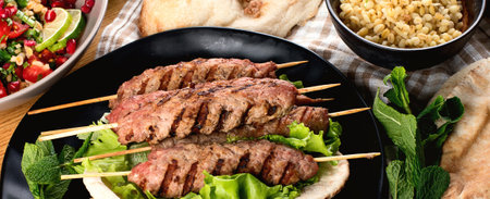 Traditional Turkish cuisine on a wooden background. Middle Eastern food concept. Top view. Panorama.の写真素材