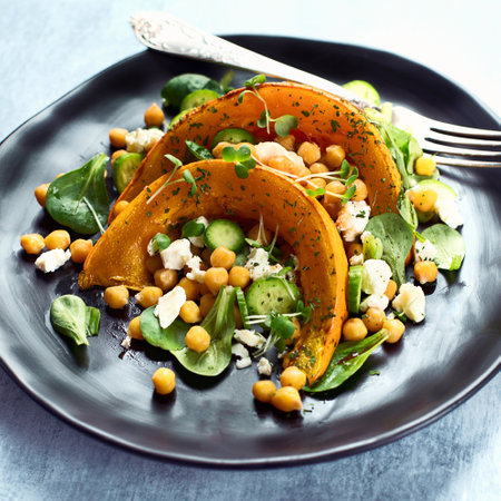 Roasted pumpkin salad with feta and chickpea on gray background. Top view.の写真素材