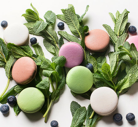 French dessert macarons on a white background with fresh mint leaves and berries. Top view.の写真素材