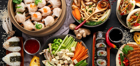 Asian food served on a black background. Asian food concept. Top view. Copy space.の写真素材