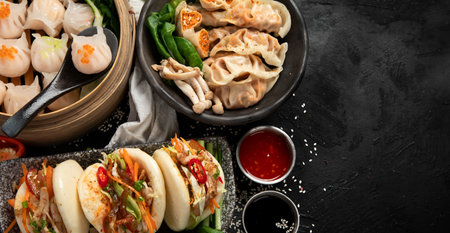 Chinese dumplings, soy sauce, dim sum on a dark background. Traditional Asian food concept. Top view. Copy space.の写真素材