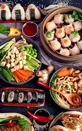 Asian food served on a black background. Asian food concept. Top view.の写真素材