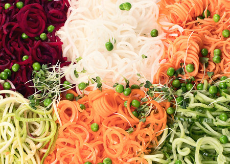 Different kind of vegetables noodles. Vegan diet food background. Top view.の写真素材