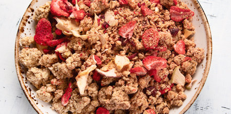 Bowl of granola for healthy breakfast. Top view. Panorama.の写真素材