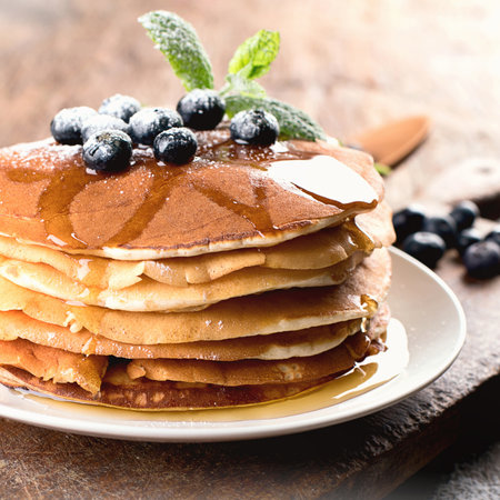 Pancakes with blueberries. Breakfast concept. Top view.の写真素材
