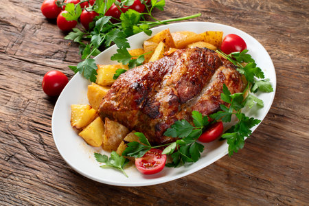 Well done grilled pork with potatoes and vegetables in a plate on a wooden background. Top view.の写真素材