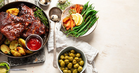 Tasty roasted ribs with baked potatoes vegetables and olives on a white background. Top view. Copy space.の写真素材