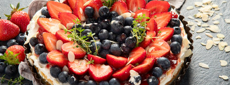 Delicious tart with fresh strawberries and blackberries on a gray background. Top view. Panorama.の写真素材