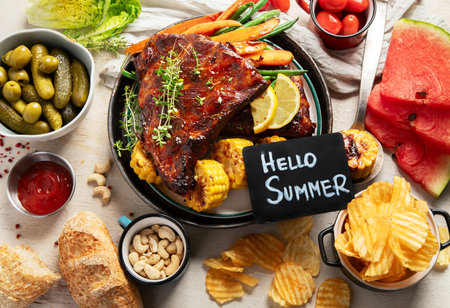 BBQ ribs with vegetables, sauce, roasted corn and watermelon on a white background. Top view.の写真素材