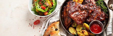 Tasty roasted ribs with baked potatoes vegetables and olives on a white background. Top view. Panorama with copy space.の写真素材