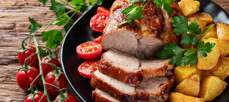 Well done grilled pork with potatoes and vegetables in a plate on a wooden background. Top view.の写真素材
