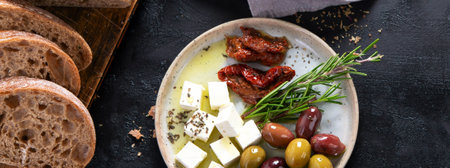 Olives, olive oil and ciabatta bread on dark background. Top view. Panorama with copy space.の写真素材