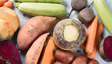 Fresh root vegetables. Root crops background. Healthy eating concept. Top view. Panorama.の写真素材