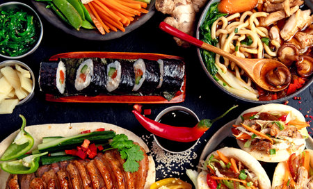 Asian food served on a black background. Asian food concept. Top view.の写真素材