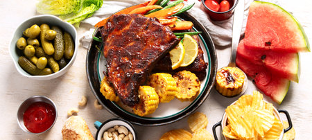 BBQ ribs with vegetables, sauce, roasted corn and watermelon on a white background. Top view. Panorama.の写真素材