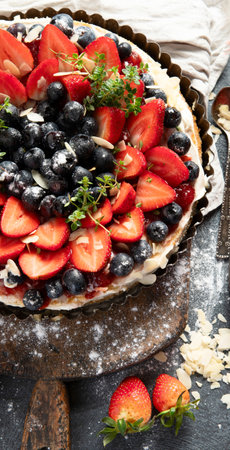 Homemade Strawberry and Blueberry tart with watermelon and jam for dessert on a gray background. Top view.の写真素材