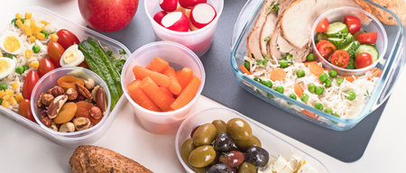 Healthy lunch box with various fruits and vegetables, rice and salad. Healthy food concept. Top view.の写真素材