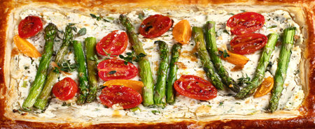 Healthy Puff pastry tart with asparagus and tomatoes. Panoramaの写真素材