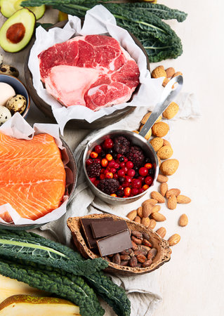 Foods boosting dopamine production, products rich in vitamins and nutrients, top view, copy spaceの写真素材