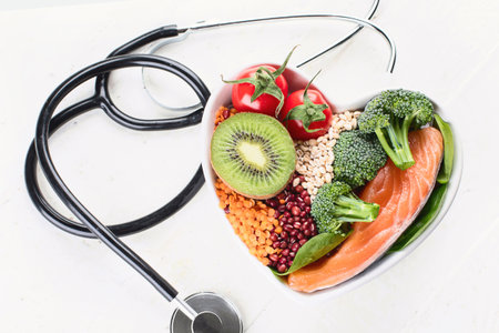 Cholesterol diet. Healthy food concept. Salmon, seeds, strawberries, kiwi on a white background. Top view.の写真素材