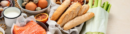 Allergy food concept. Assorted allergic products on light background. Panorama, bannerの写真素材