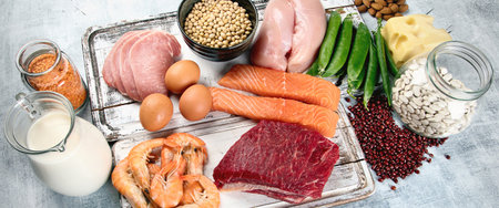 Food high in protein - fish, meat, eggs on a gray background. Healthy eating and diet concept. Top view. Panorama.の写真素材