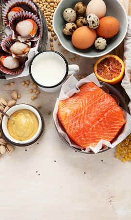 Allergy food concept. Assorted allergic products, copy spaceの写真素材