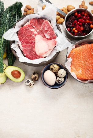 Foods boosting dopamine production, products rich in nutrients, top view, copy spaceの写真素材