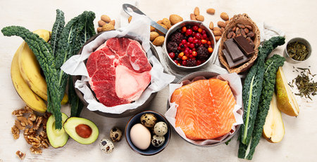 Foods boosting dopamine production, products rich in vitamins and nutrients, top view, flat layの写真素材