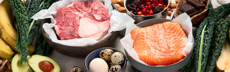 Foods boosting dopamine production, products rich in vitamins and nutrientsの写真素材