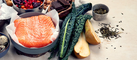 Foods boosting dopamine production, products rich in vitamins and nutrients, copy spaceの写真素材