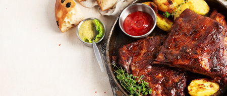 Tasty roasted ribs with baked potatoes vegetables and olives on a white background. Top view. Copy space.の写真素材