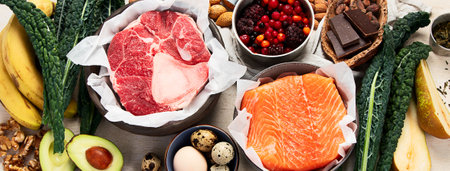 Foods boosting dopamine production, products rich in vitamins and nutrients, top view, panorama, bannerの写真素材