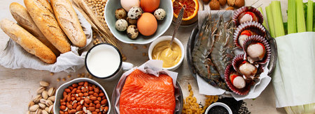 Allergy food concept. Assorted allergic products, Panorama, bannerの写真素材